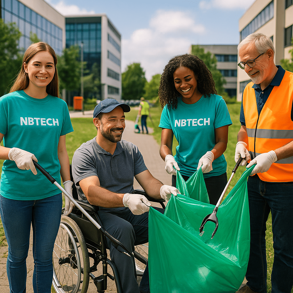 Participants de la journée de nettoyage organisée par NBTECH au Technopôle de Nancy, binômes valides/handicapés en action.