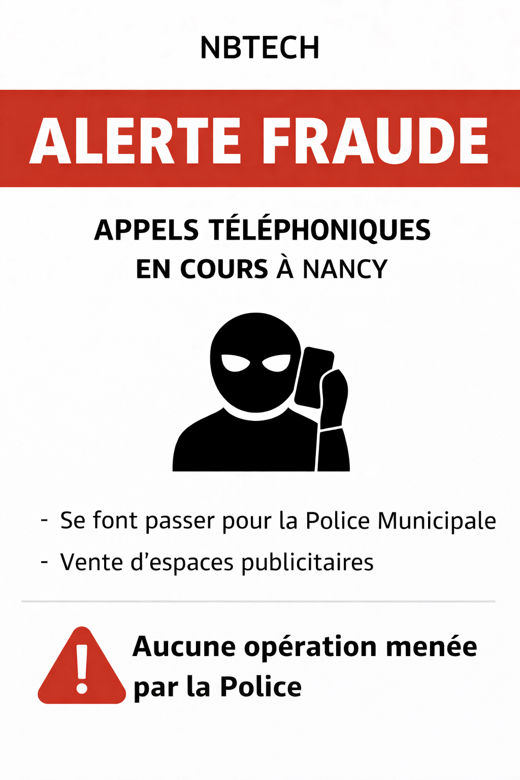 Alerte fraude téléphonique au Technopôle de Nancy avec visuel de prévention NBTECH