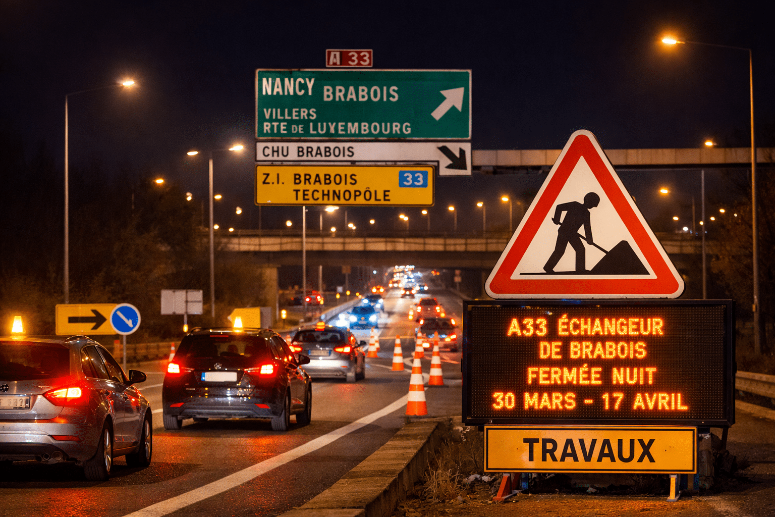 Vue de l’échangeur de Brabois sur l’A33, avec signalisation de travaux et circulation de nuit au Technopôle de Nancy Brabois.