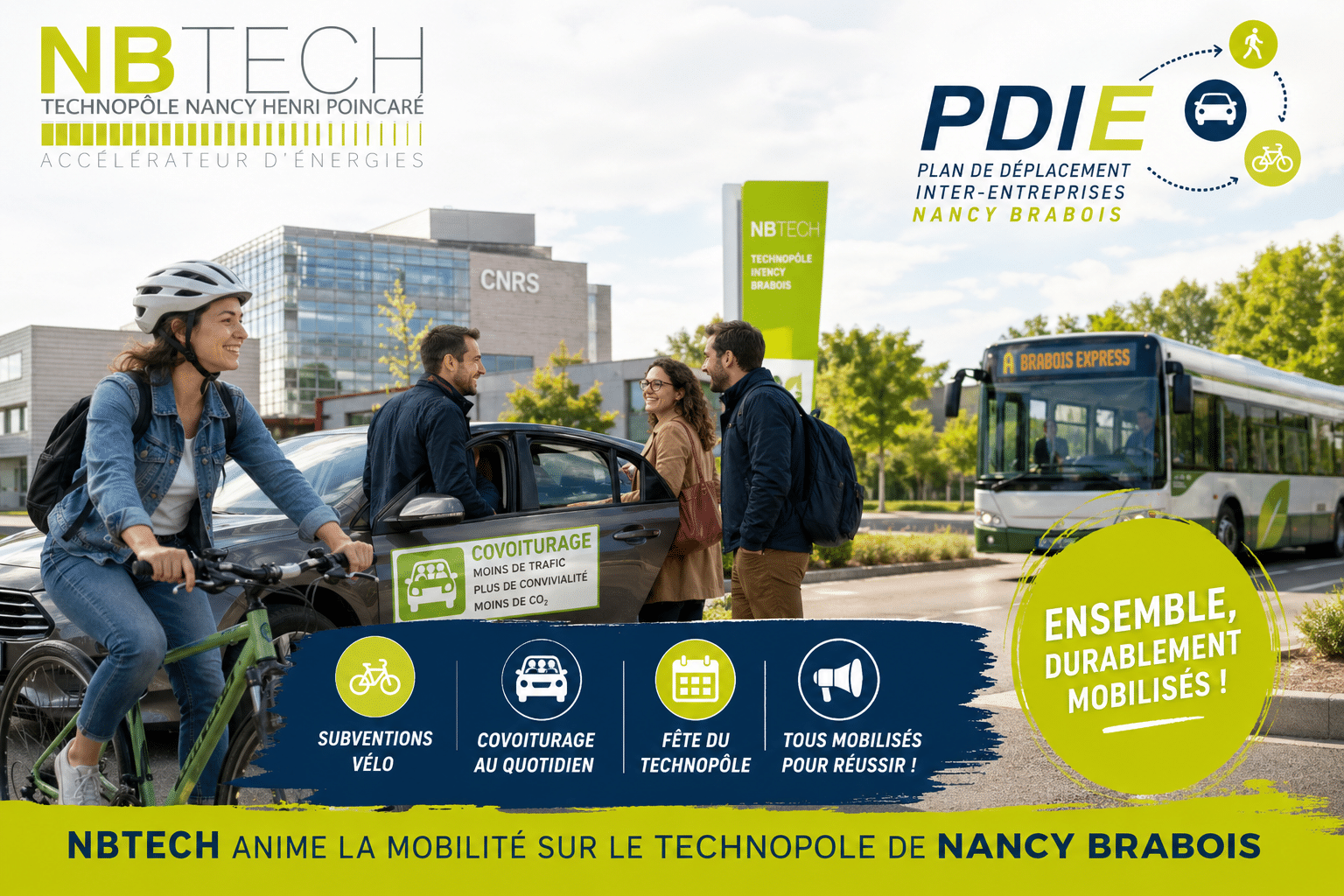 Salariés du Technopole de Nancy participant à une animation NBTECH autour de la mobilité durable et du covoiturage.