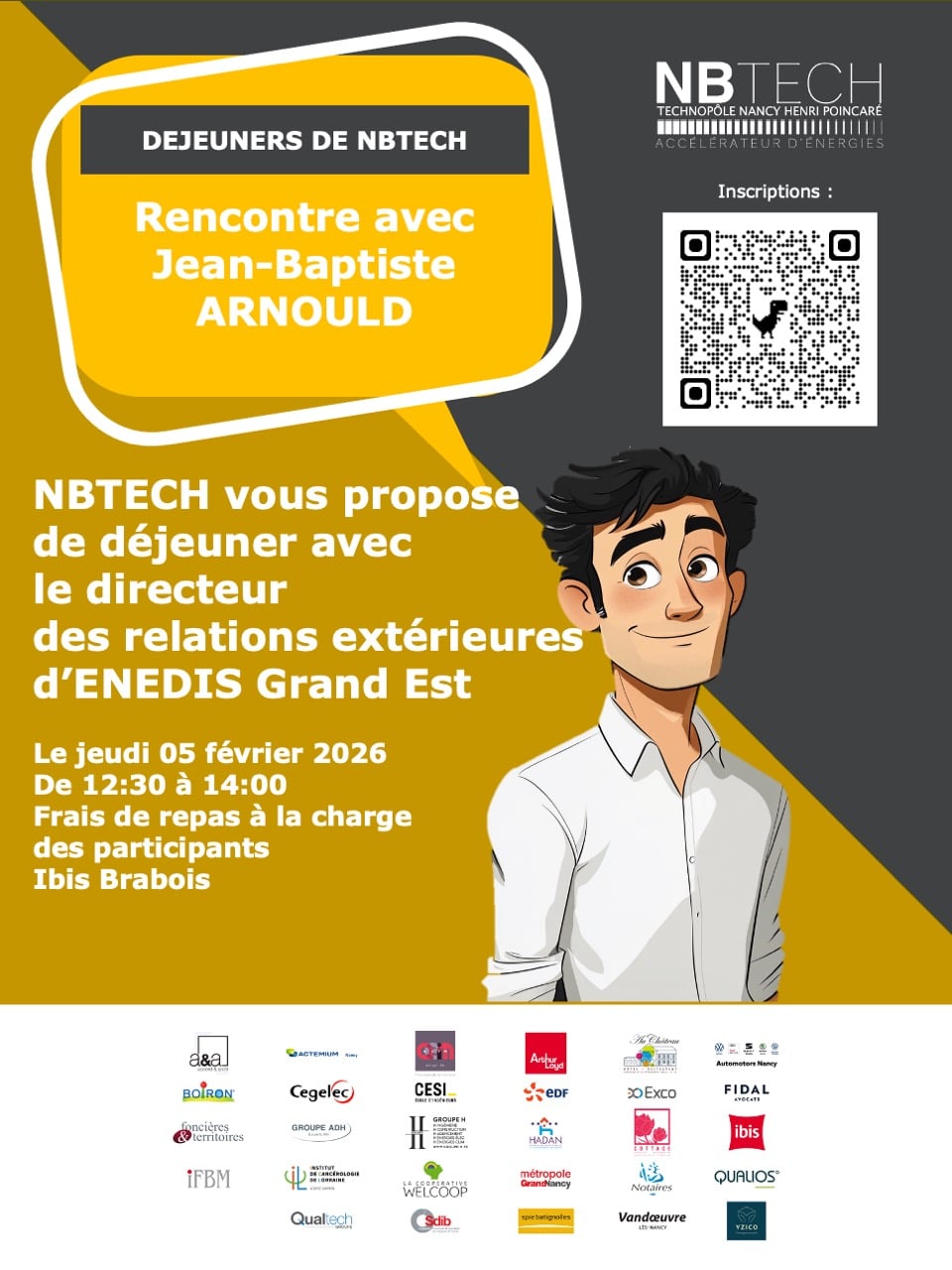 Image du déjeuner rencontre au Technopôle NBTECH avec Jean-Baptiste Arnould d'ENEDIS, mettant en avant la transition énergétique et les échanges entre professionnels à Vandoeuvre-les-Nancy.