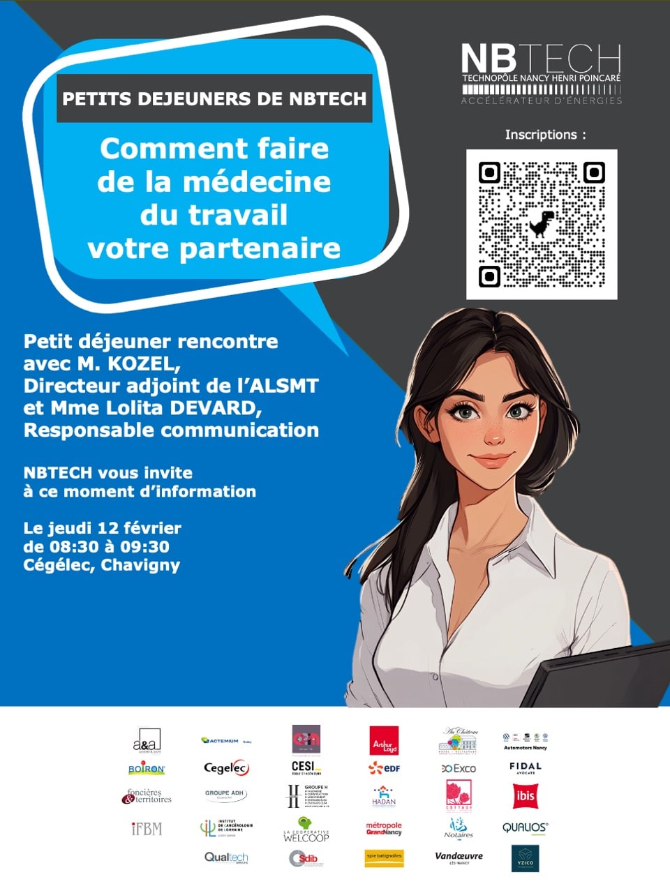 Un groupe de professionnels échange autour d'une table lors du petit déjeuner organisé par NBTECH au Technopôle de Nancy, illustrant l'importance des rencontres d'affaires et des discussions sur la santé au travail dans un cadre convivial.