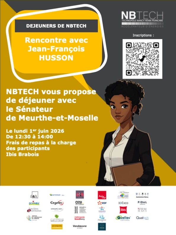 Photo de l'événement NBTECH au Technopôle de Nancy. Jean-François HUSSON, Sénateur, discute avec des entrepreneurs locaux lors du déjeuner rencontre à l'Ibis Brabois, Vandœuvre-lès-Nancy, le 1er juin 2026. Un moment d'échange et de collaboration.