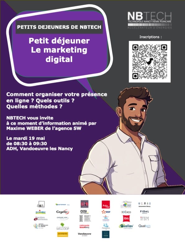 Photo du Technopôle NBTECH à Vandoeuvre-lès-Nancy lors d’un événement professionnel, illustrant un petit-déjeuner networking dédié au marketing digital, réunissant des entreprises locales autour d’experts pour échanger sur les stratégies numériques et le développement de leur visibilité en ligne.