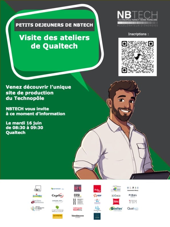 Vue des ateliers de Qualtech au Technopôle de Nancy Brabois, illustrant l'innovation industrielle. Des participants en visite guidée découvrent le processus de production avec NBTECH.