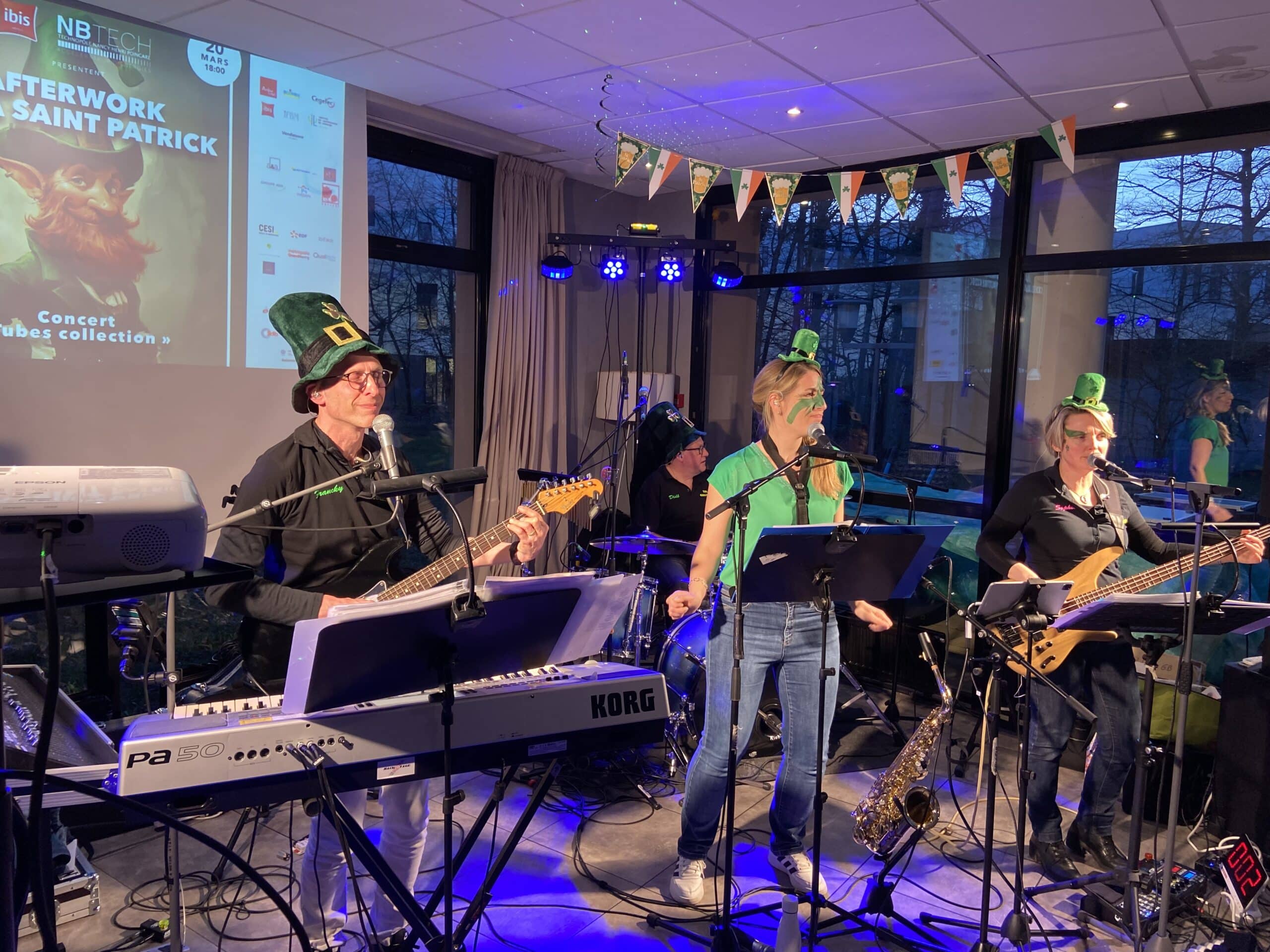 Soirée Saint-Patrick NBTECH au Technopôle de Nancy Brabois avec concert, participants et ambiance festive