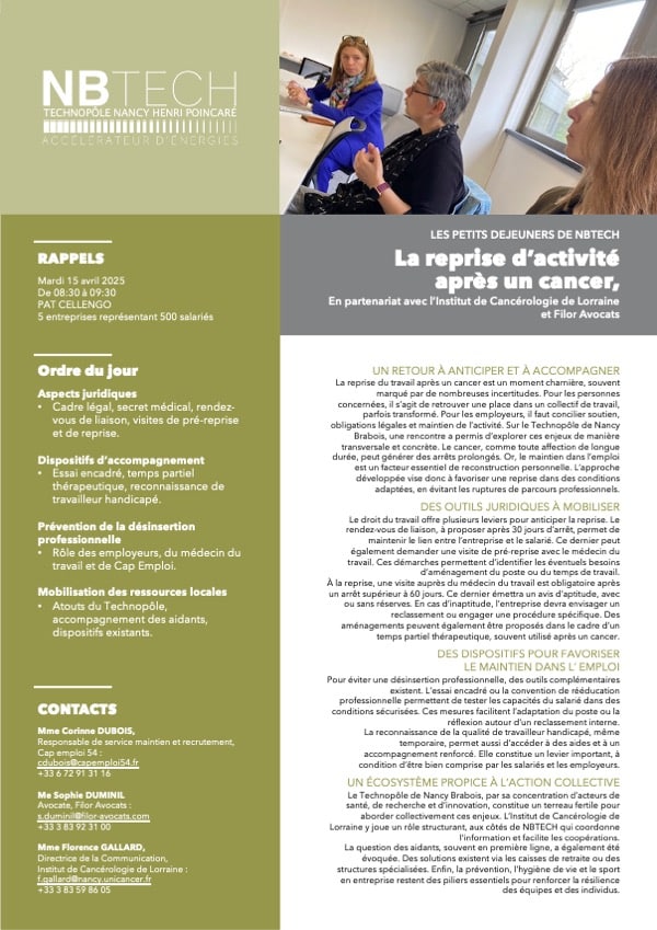 Réunion d’information sur la reprise du travail après un cancer organisée par NBTECH au Technopôle de Nancy Brabois, réunissant entreprises et acteurs de santé.