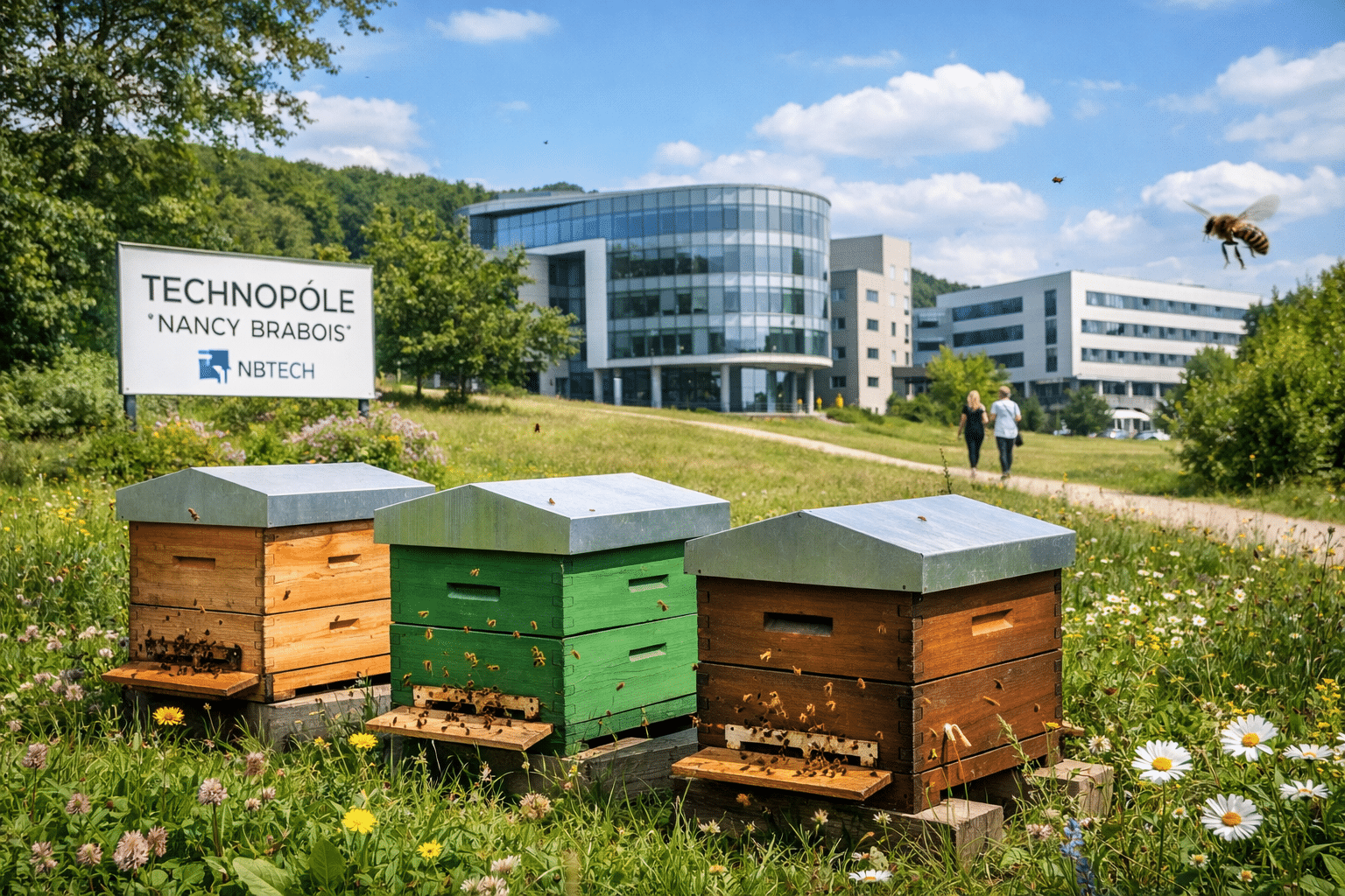 Ruches installées en entreprise sur le Technopôle de Nancy Brabois avec des abeilles en activité