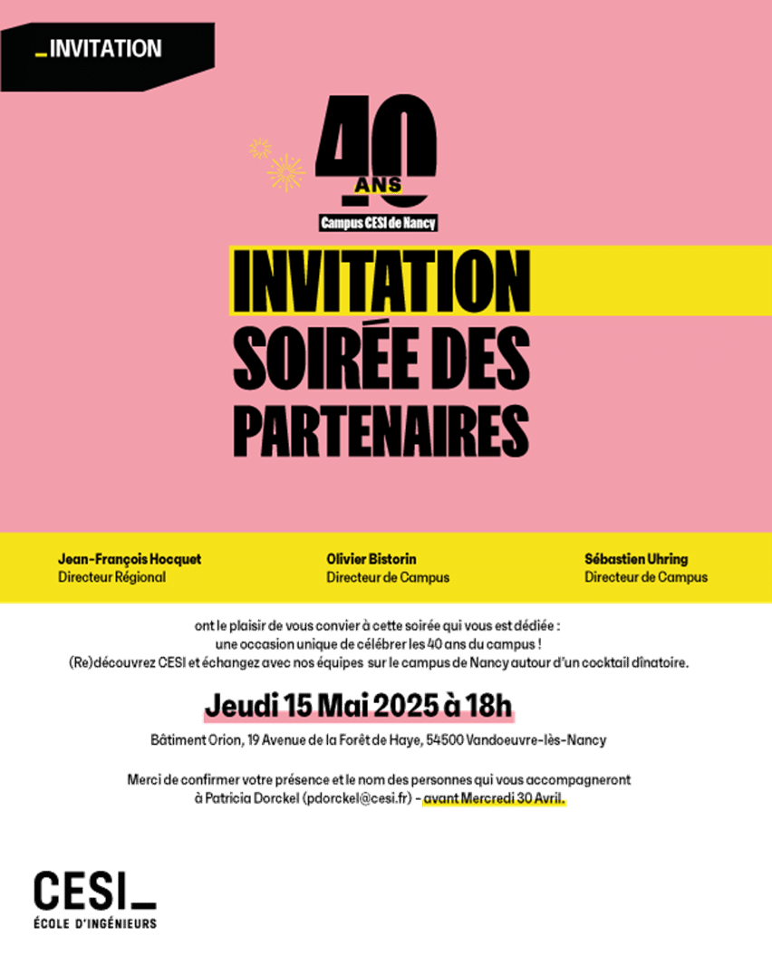 Invitation à la soirée des partenaires du campus CESI Nancy Brabois organisée avec NBTECH, un événement festif et professionnel autour de l'innovation.